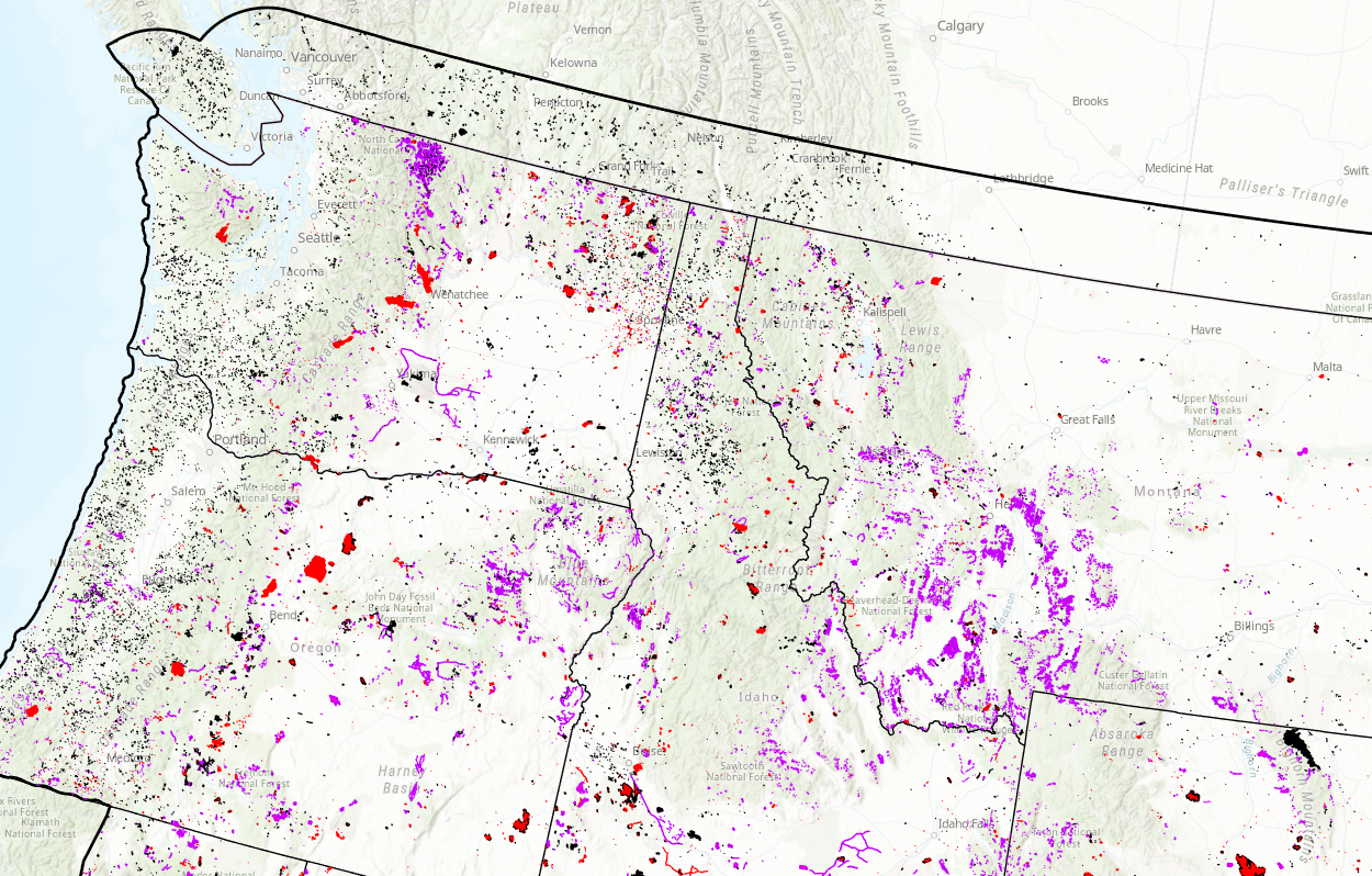 Image of the upper northwest corner of the U.S. with color-coded disturbance areas