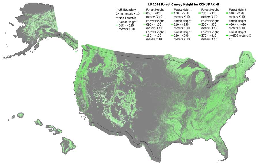 Flyout map of color-coded LF2024 forest canopy height models for CONUS, AK and HI