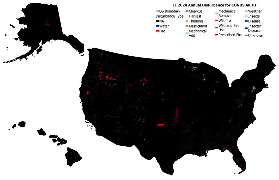 Flyout map of color-coded LF2024 annual disturbance models for CONUS, AK and HI