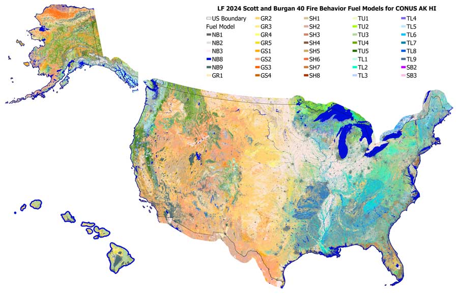 Flyout image of color-coded fuel models for CONUS, AK and HI