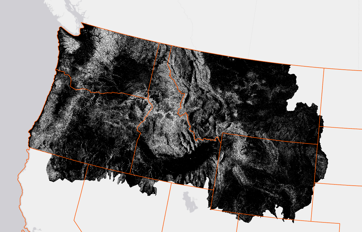 Image with black and white colorations in the upper northwest corner of the U.S.