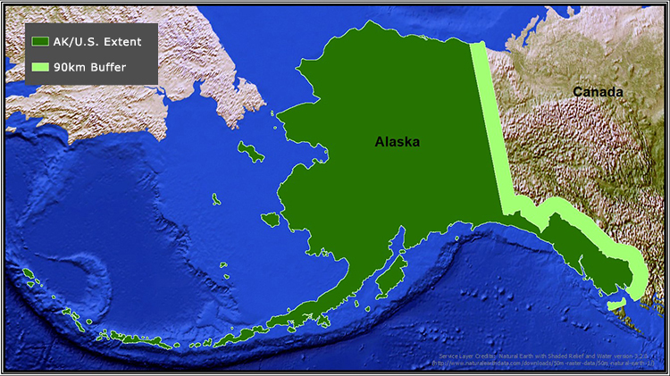 Picture that depicts the 90K buffer added to CONUS for the Alaska downloads