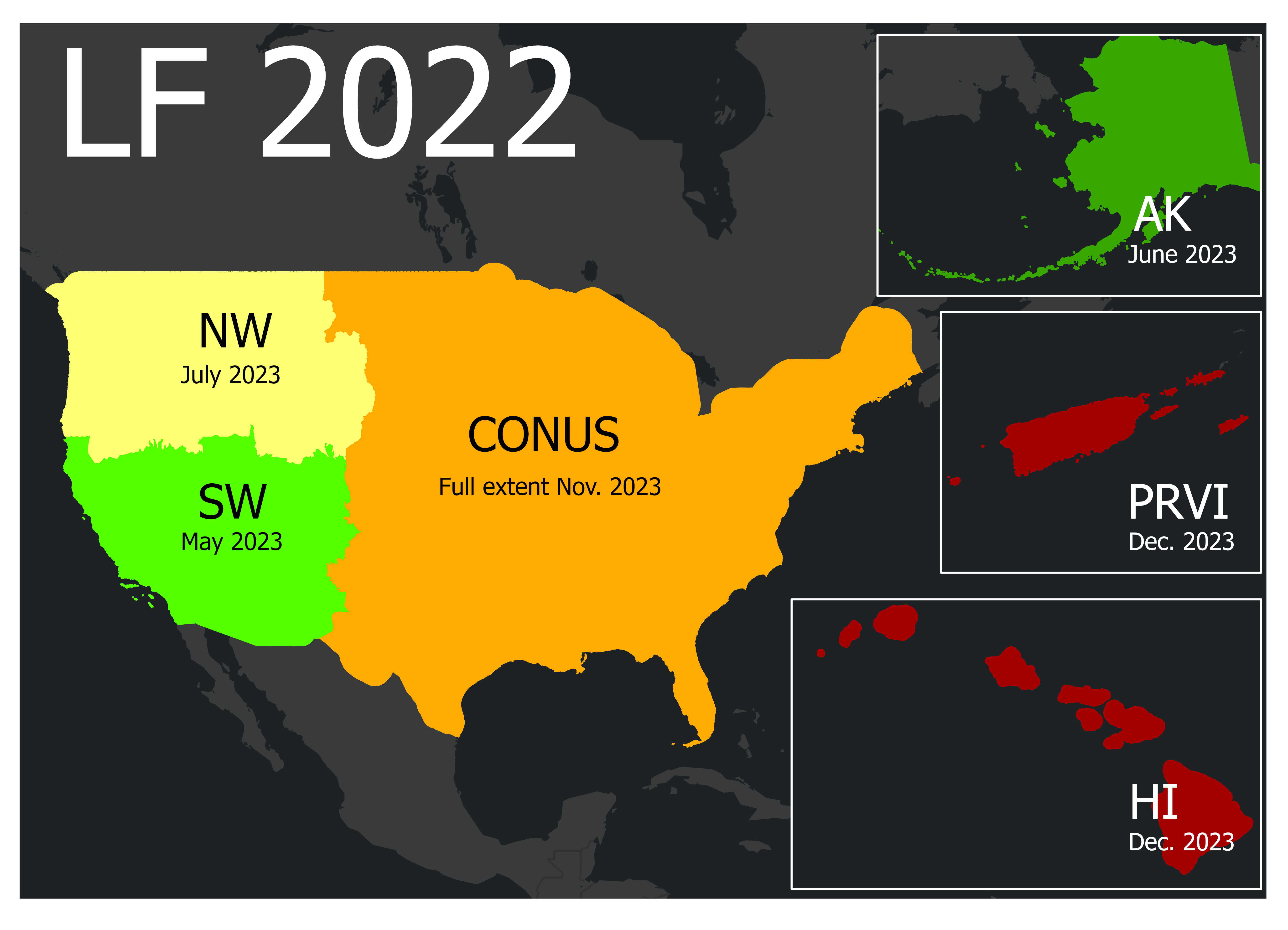 Map of landfire 2022 regions and release dates