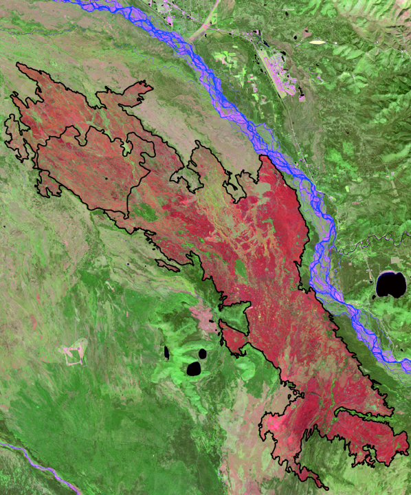 A black outline around a red landfire burn scar