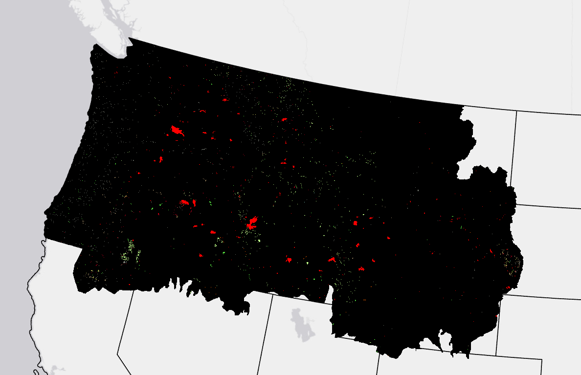Image of the upper northwest corner of the U.S. with disturbances showing in red and green.