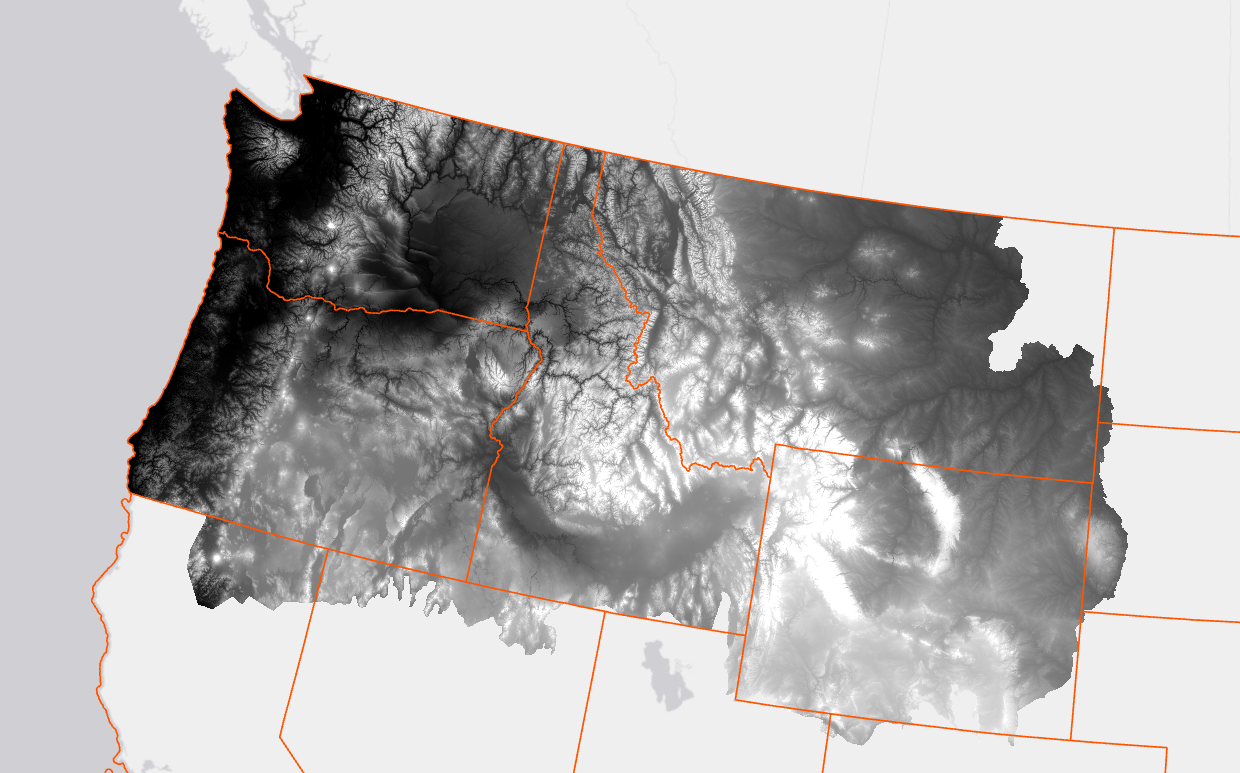 Graphic showing elevation coloration in the upper northwest corner of the U.S.