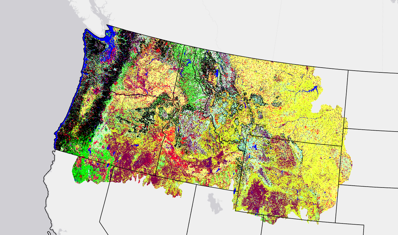 Image in the upper north west corner of the US showing different colors for EVT.