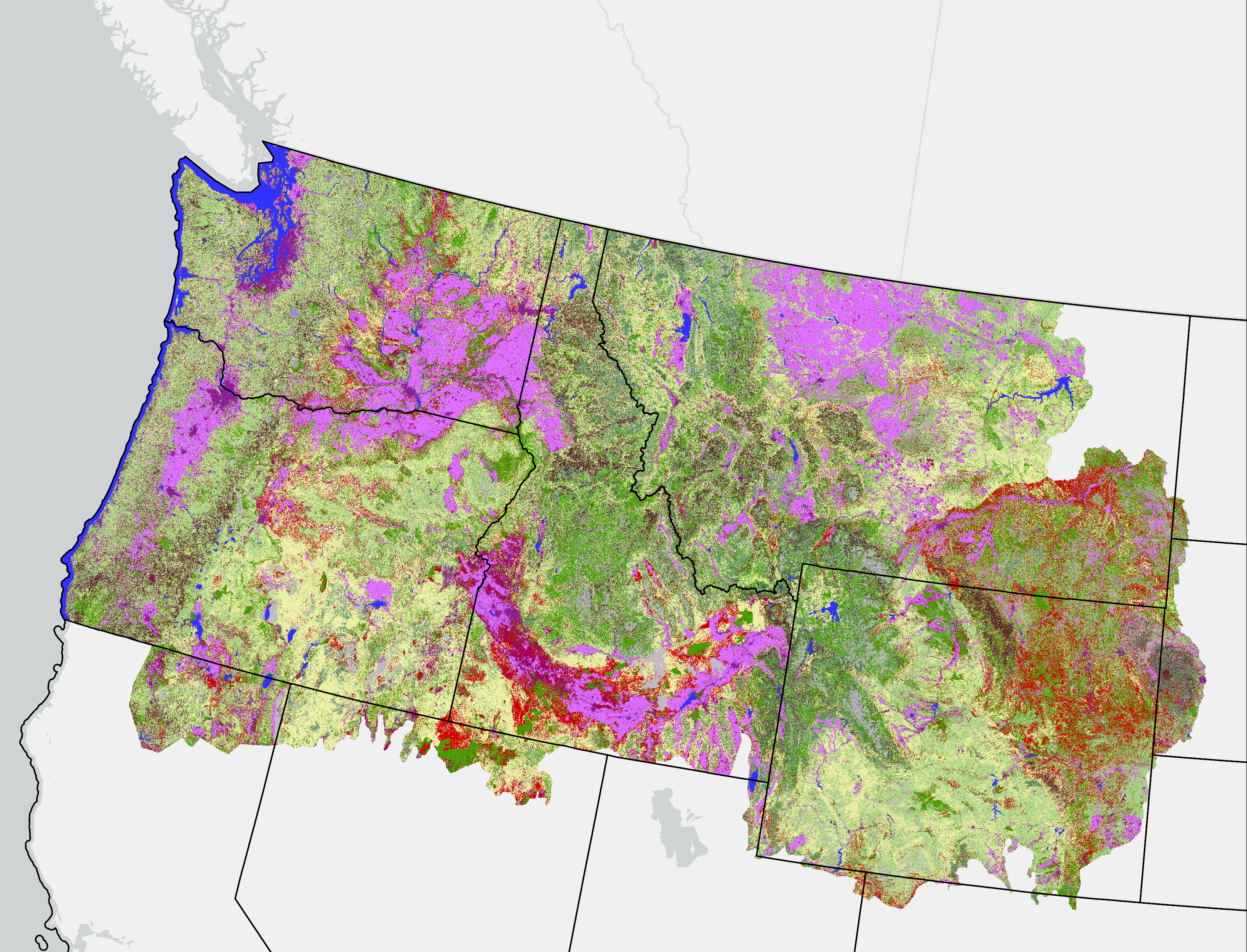 Image of the upper northwest corner of the U.S. with SClass data showing in green and pink.
