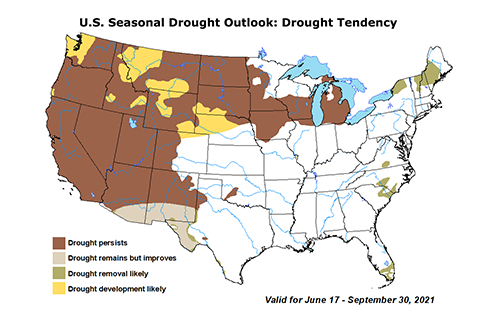 Image of the U.S. with drought color variations.