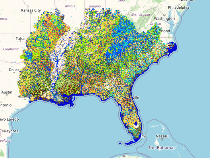 Image showing the southeast corner of the U.S. with fuel colors.