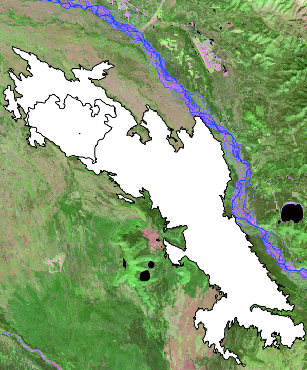 A black outline around a white polygon representing a landfire burn scar