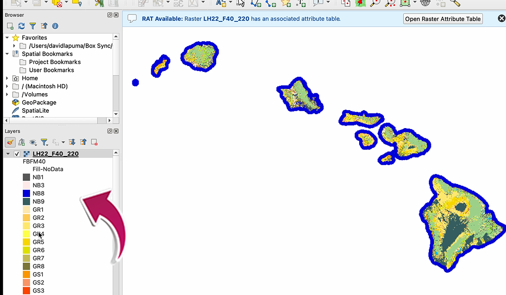Screenshot of QGIS and the legend on the left.