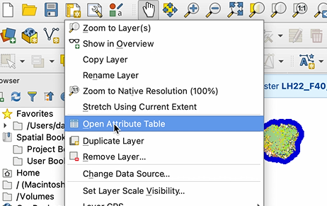 A screenshot of the drop-down menu showing where to select the attribute table.